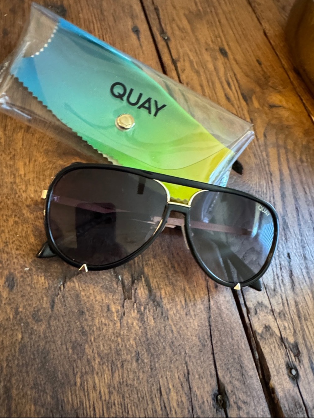 Quay Australia Black Aviator Sunglasses with Gold Accents